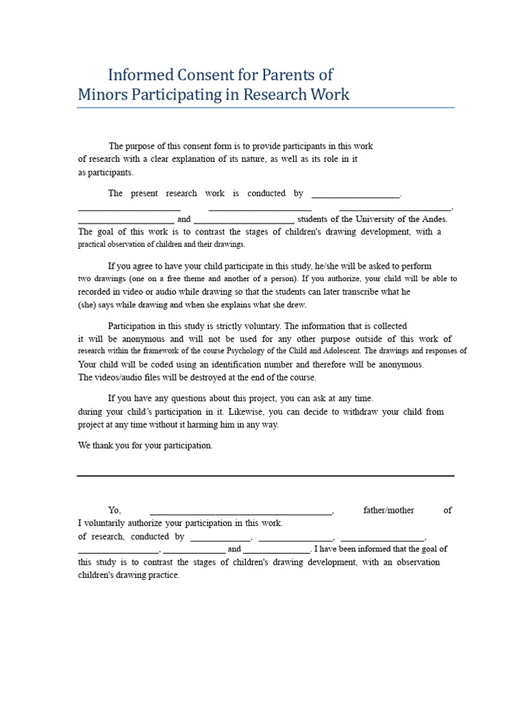 Informed Consent For Parents of Minor Participants in Research | PDF ...