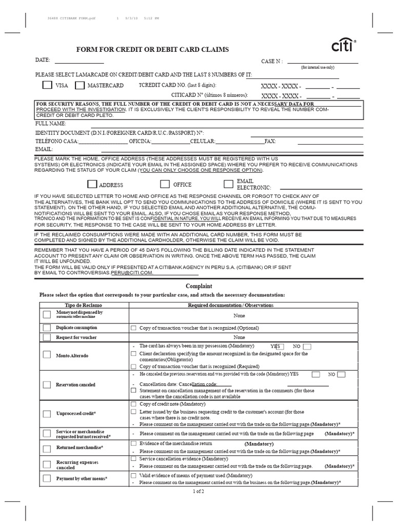 Citibank Credit/Debit Card Claims Form | PDF | Credit Card | Debit Card