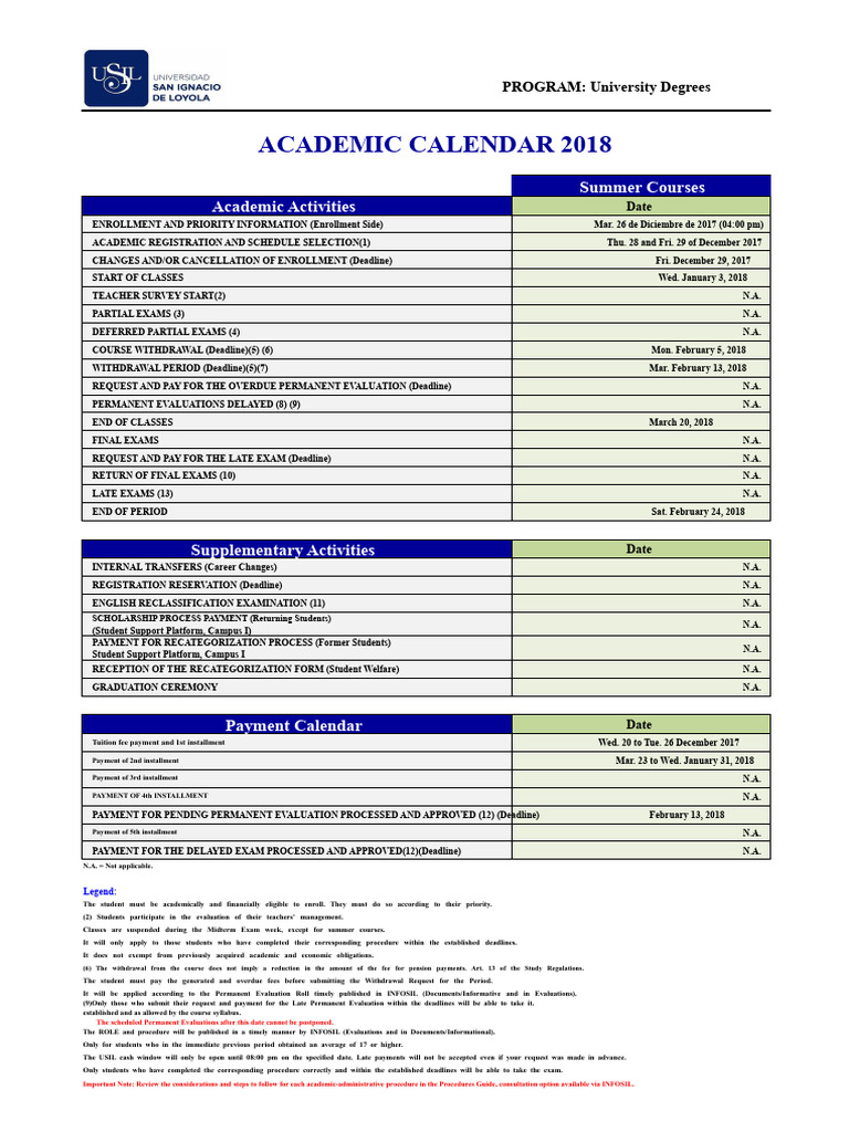 2018 University Summer Course Calendar | PDF