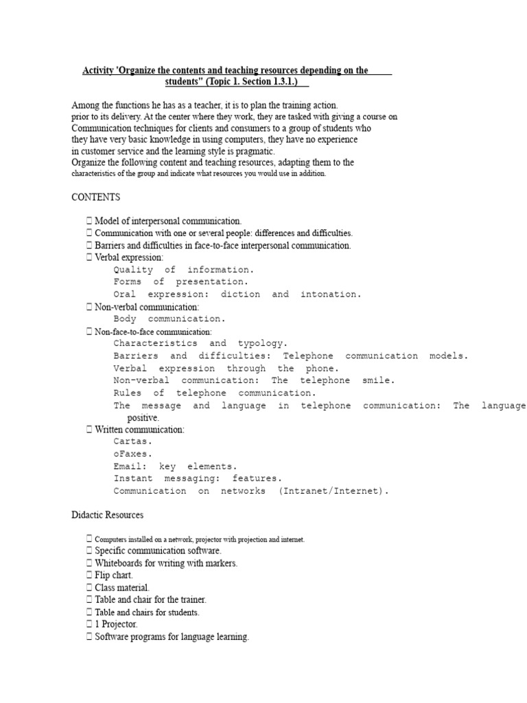 Activity Topic 1 Section 1.3.1 | PDF | Communication | Nonverbal ...