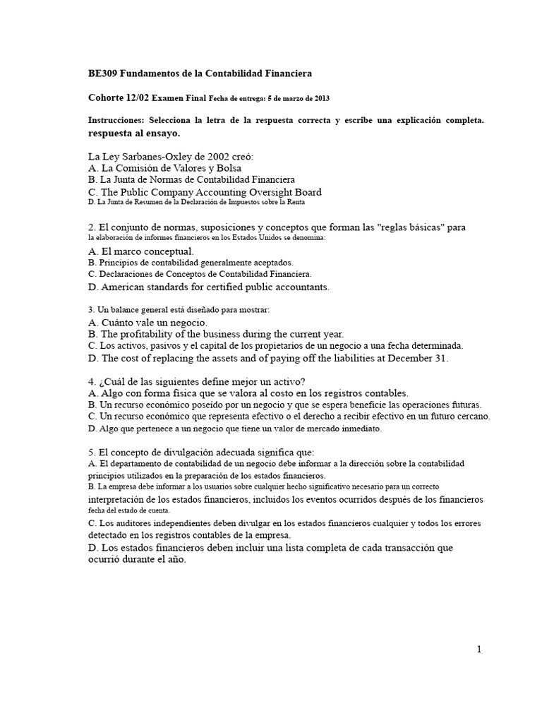 Examen Final de Contabilidad Financiera | PDF | Contabilidad | Estado ...