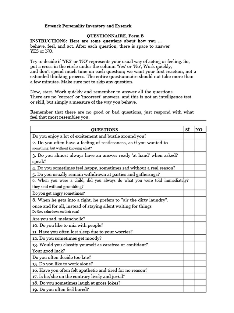 Eysenck Personality and Anxiety Inventory | PDF | Questionnaire ...