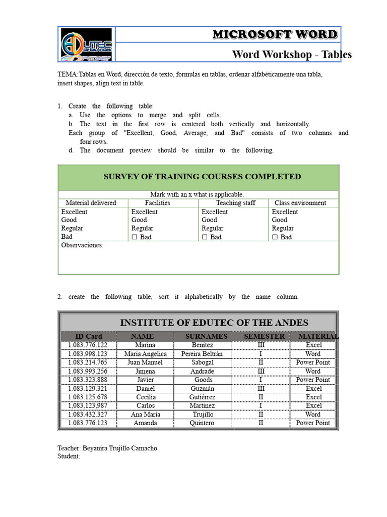 Word Tables: Creation and Formatting Guide | PDF | Microsoft Excel ...