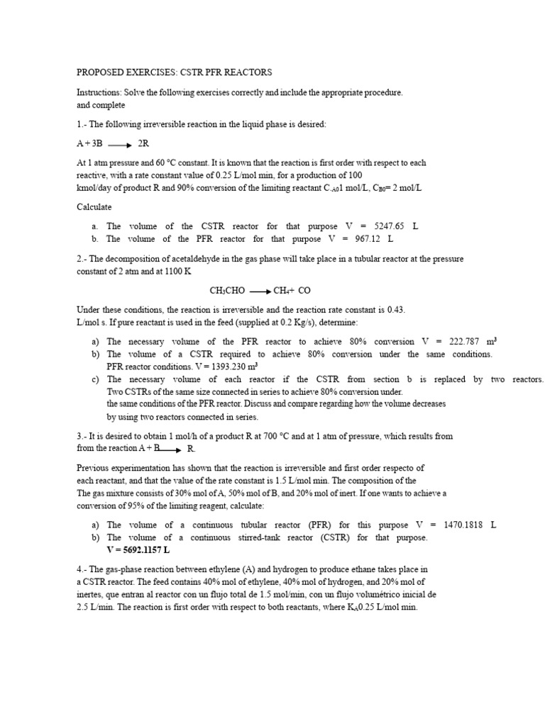 Proposed Exercises CSTR PFR | PDF | Chemical Reactor | Reaction Rate