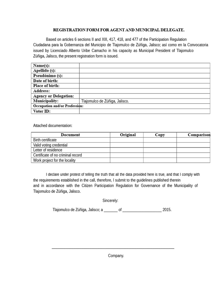 Registration Form For Agents and Municipal Delegates in Tlajomulco de ...