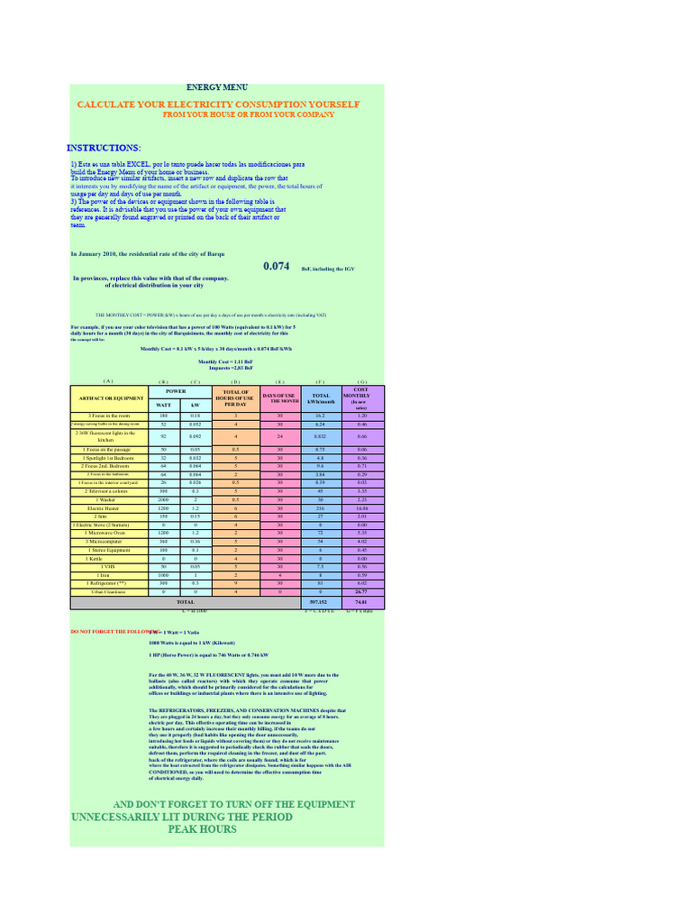 Calculate Your Electricity Costs Easily | PDF | Watt | Refrigerator