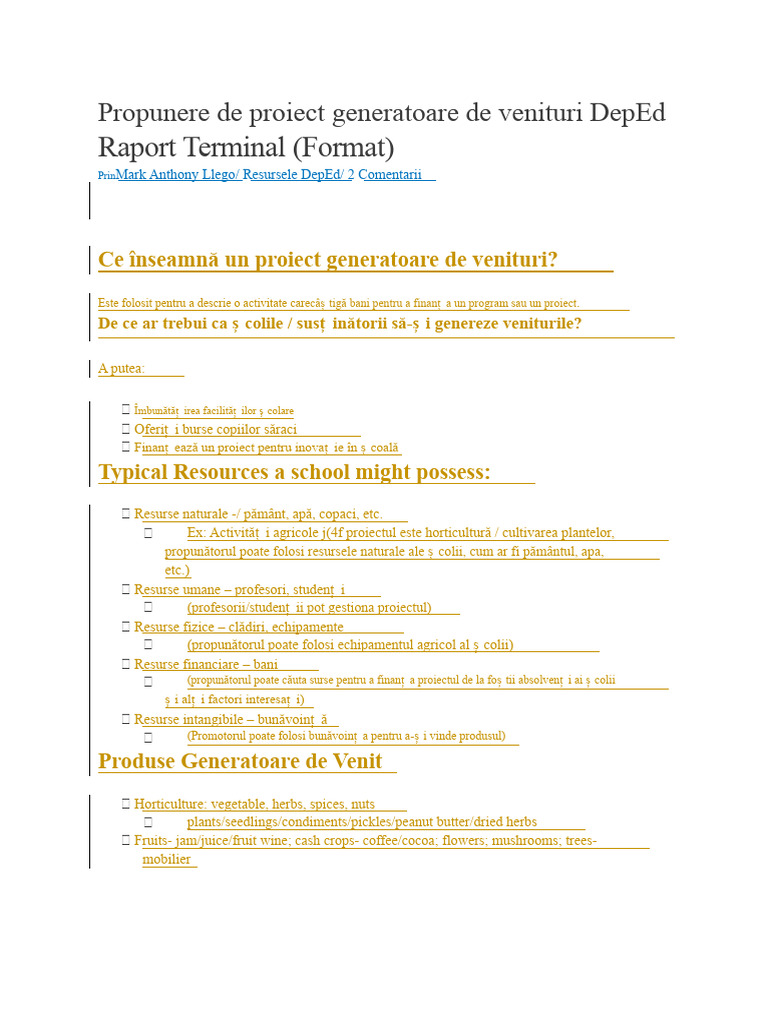 Propunerea de Proiect Generare de Venituri Și Raport Terminal DepEd ...