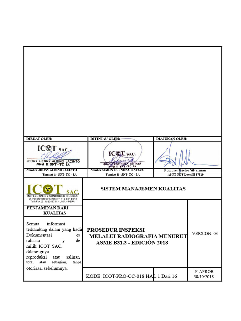 Prosedur Inspeksi Radiografi ASME B31.3 | PDF