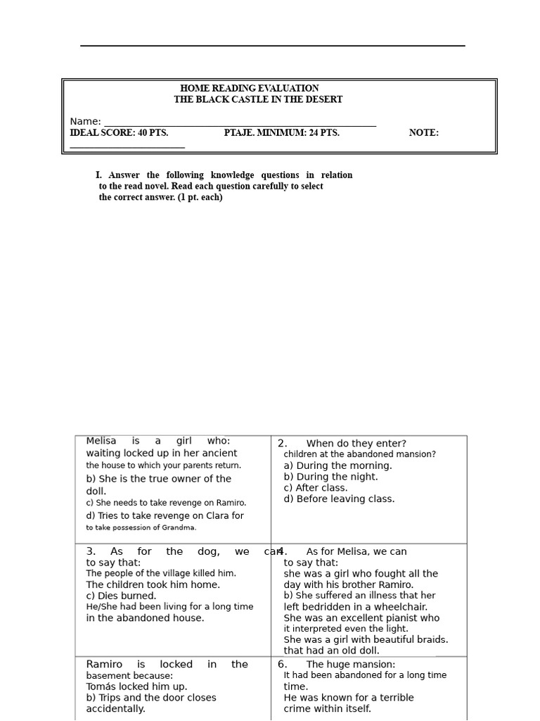 Home Reading Evaluation: The Black Castle | PDF
