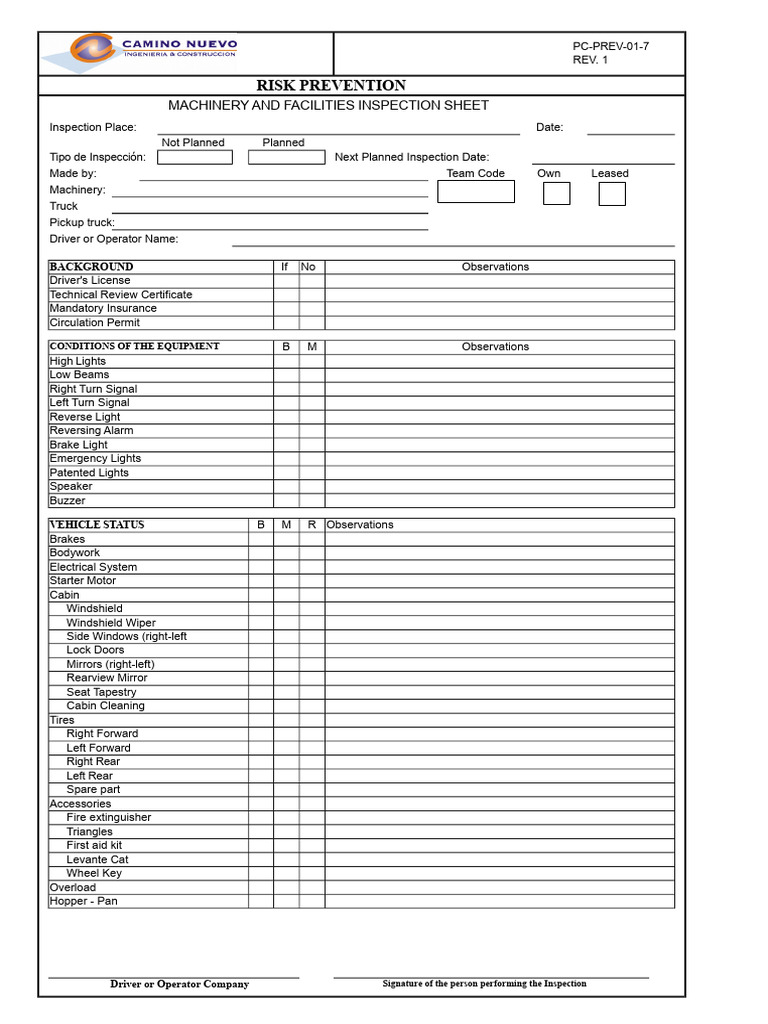 Machinery and Facilities Inspection Checklist | PDF