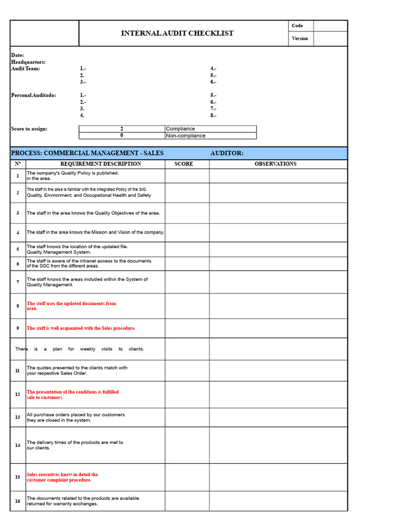 Internal Audit Checklist for Quality Management | PDF | Audit ...
