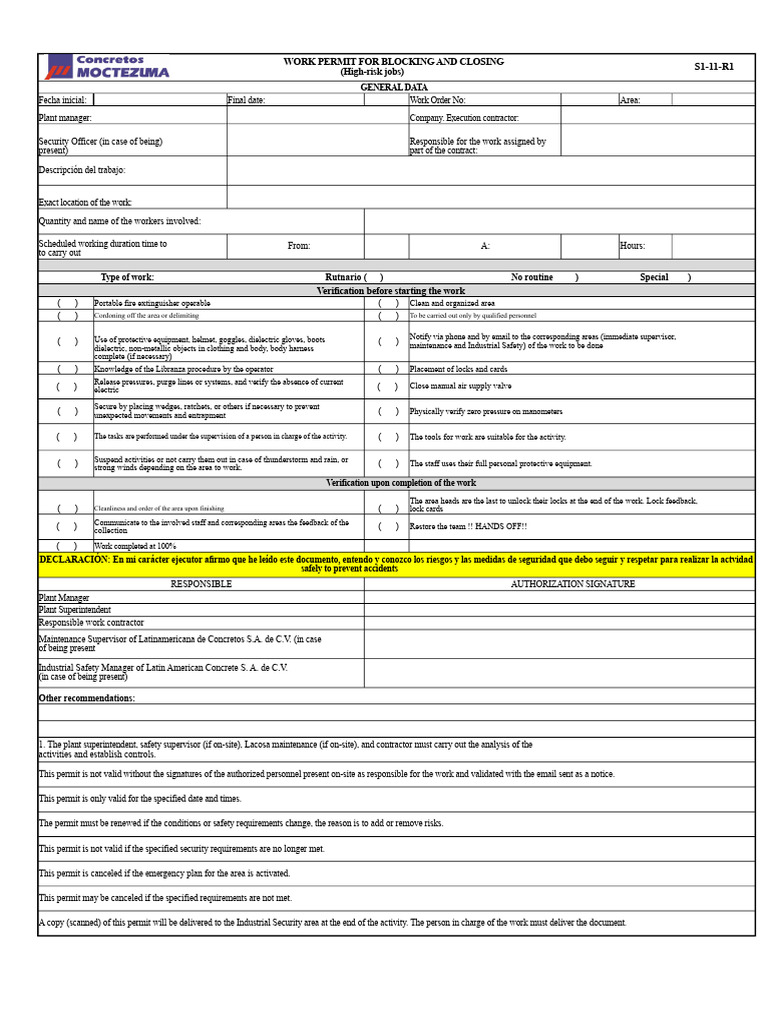 SI-11-R1 Work Permit For Lockout and Tagout | PDF | Safety ...