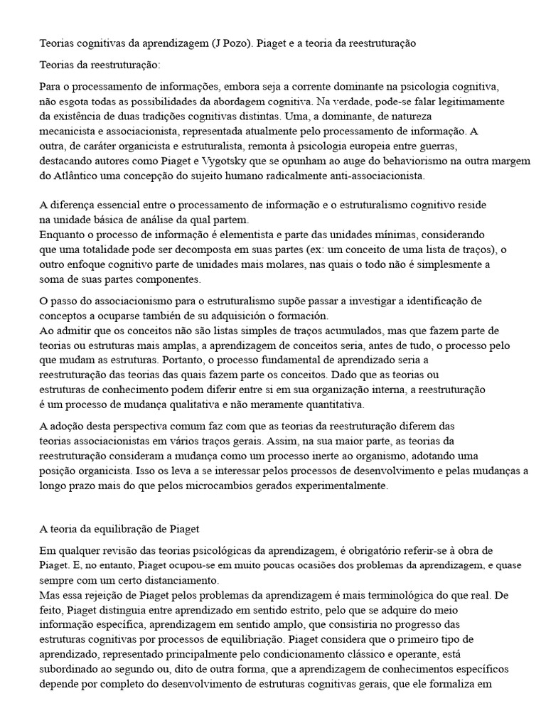 Teorias Cognitivas da Aprendizagem: Piaget | PDF | Aprendizado ...