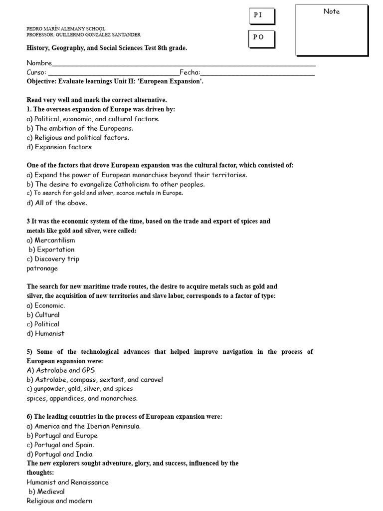 TEST History 8th Grade. UNIT 2 EUROPEAN EXPANSION JUNE | PDF | Age Of Discovery | Trade