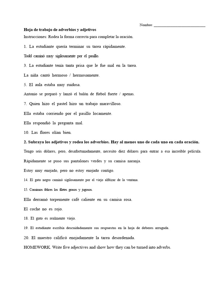 Hoja de trabajo: Adverbios y Adjetivos | PDF | Adverbio