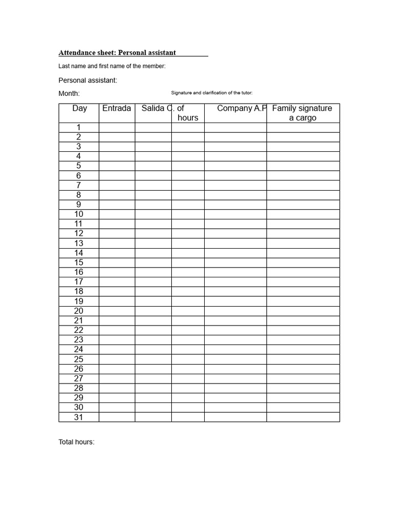Attendance Sheet (Personal Assistant) | PDF