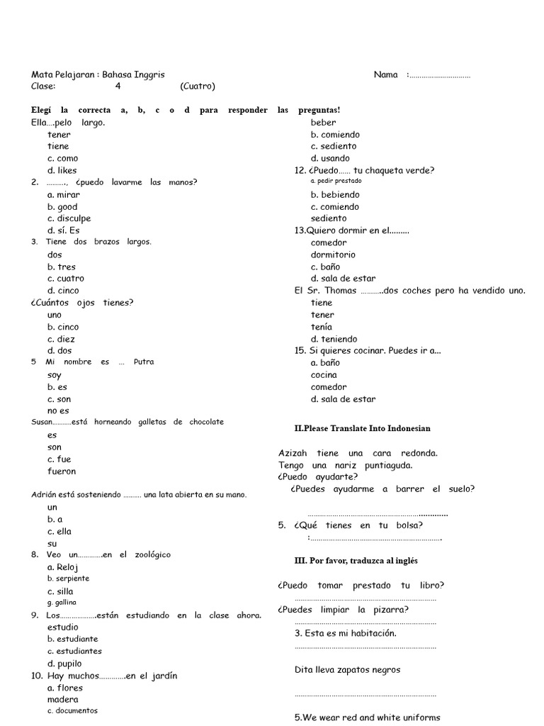 Ejercicios de Inglés para Cuarto Grado | PDF | Idioma indonesio