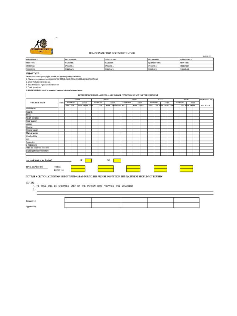 Concrete Mixer Pre-Use Inspection Checklist | PDF