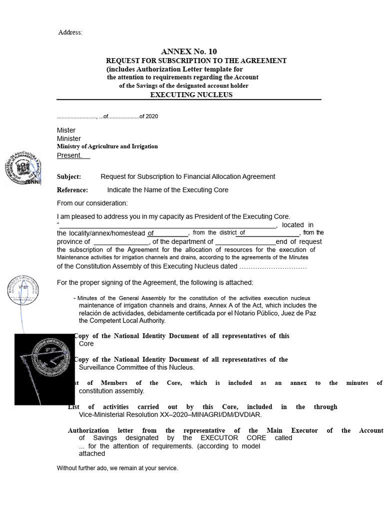 Annex No. 10 Request For Subscription of The Agreement. | PDF ...