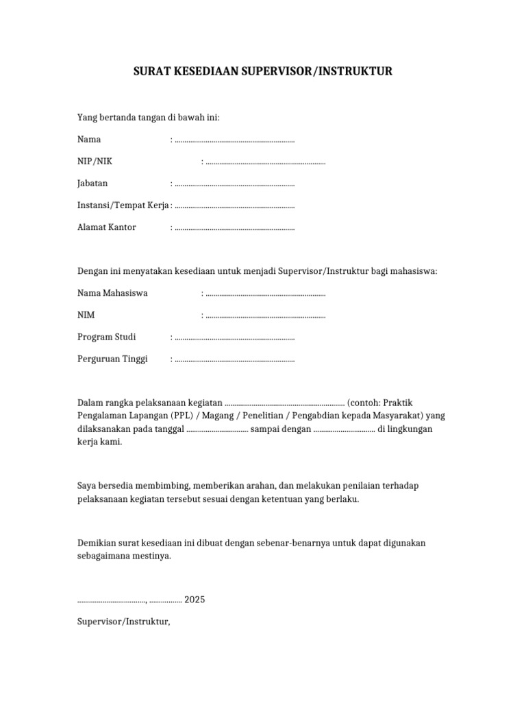 Surat Kesediaan Supervisor Instruktur | PDF