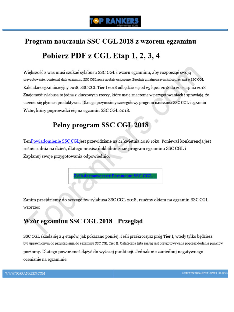 Program Nauczania SSC CGL 2018 Z Wzorcem Egzaminacyjnym | PDF