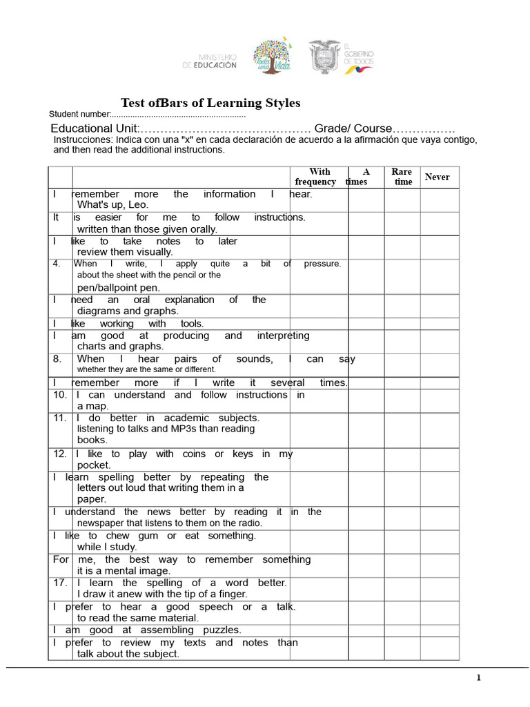 Barsch Learning Styles Test Instructions | PDF | Learning Styles ...