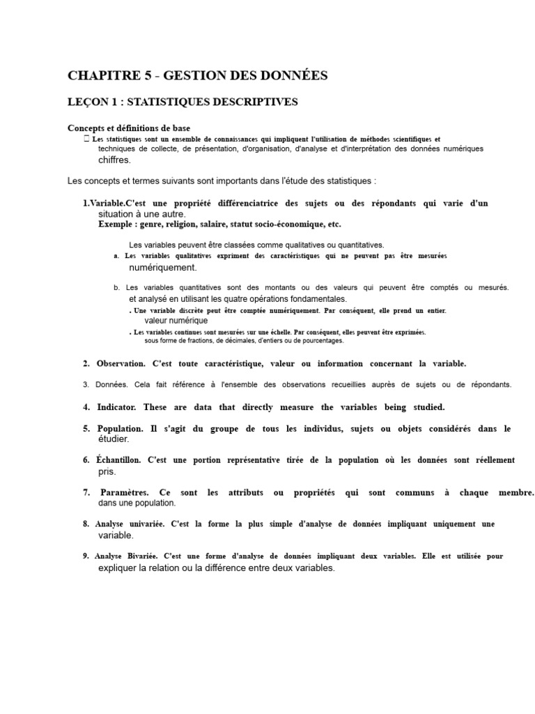 Statistiques descriptives et gestion des données | PDF | Statistiques ...