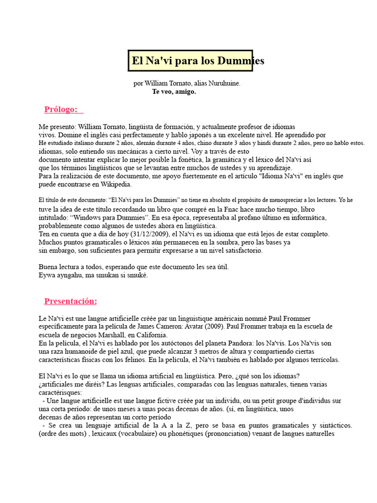 Guía del Idioma Na'vi para Principiantes | PDF | Vocal | Verbo