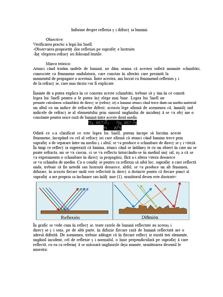 Raport Despre Reflexia Și Refracția Luminii | PDF