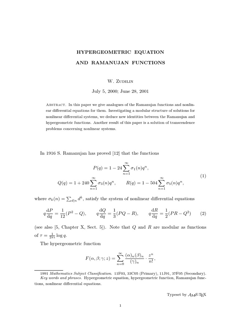 Hypergeometric Equations & Ramanujan Functions | PDF | Equations ...