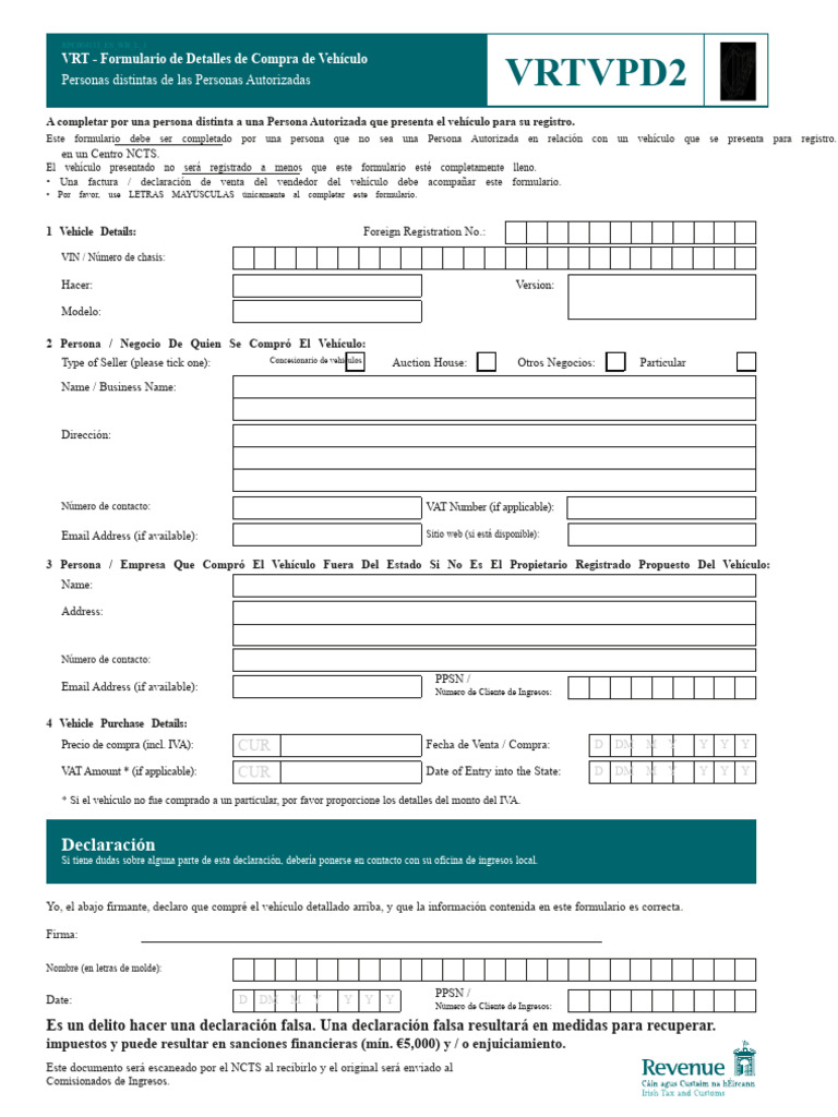 Formulario de Registro de Vehículo VRT | PDF