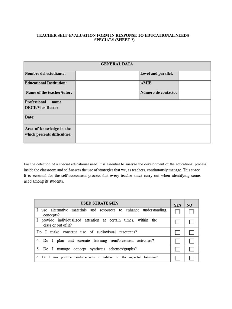 Teacher Self-Evaluation for Special Needs | PDF | Teachers | Learning