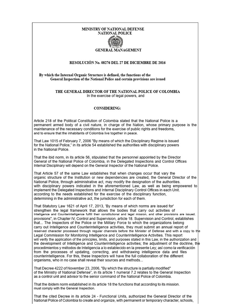 Resolution 08276 Internal Organizational Structure General Inspection ...