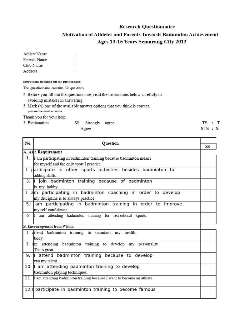 Athlete Research Questionnaire | PDF | Questionnaire | Cognition