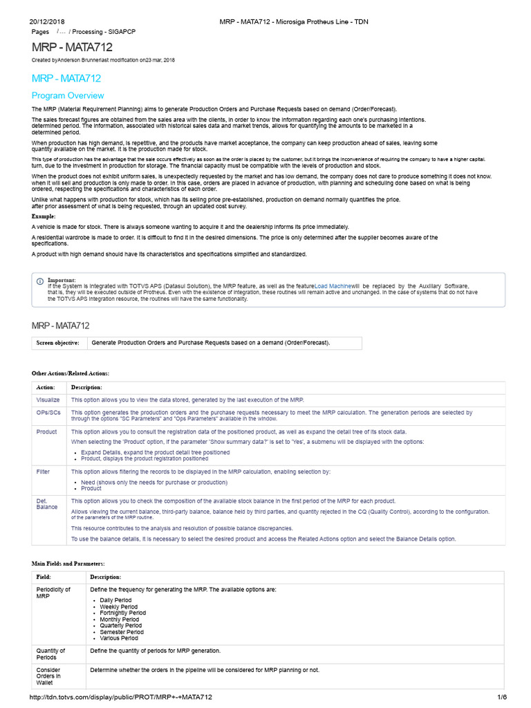 MRP - MATA712 - Microsiga Protheus Line | PDF