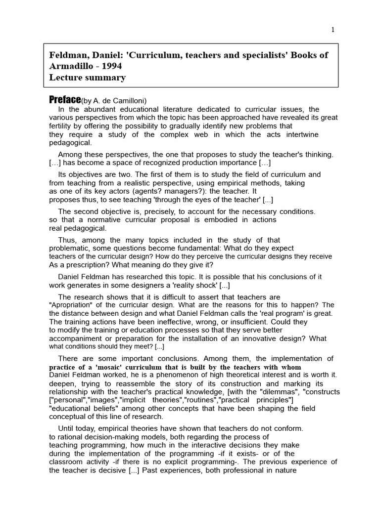 Feldman-Curriculum, Teachers and Specialists | PDF | Curriculum | Knowledge