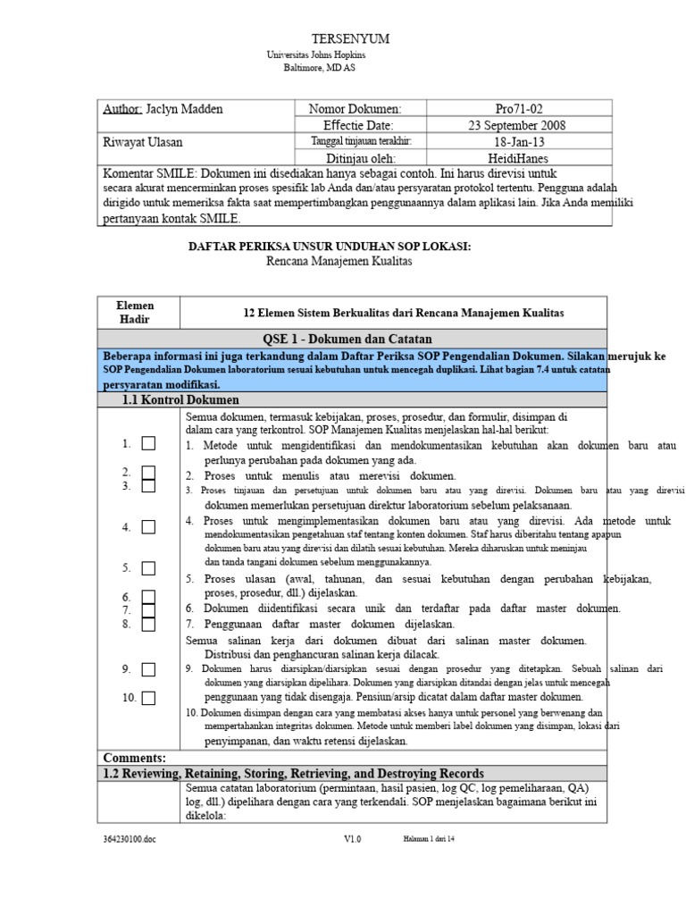 Contoh SOP Manajemen Laboratorium | PDF
