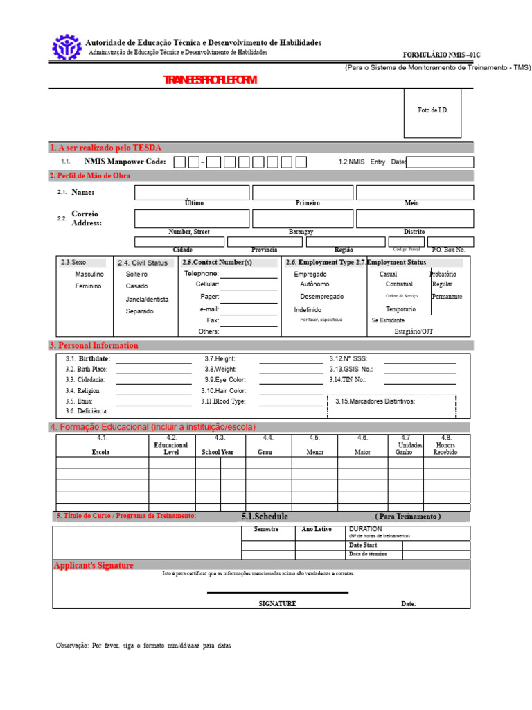 Formulário de Perfil do Trainee NMIS | PDF | Aprendizado