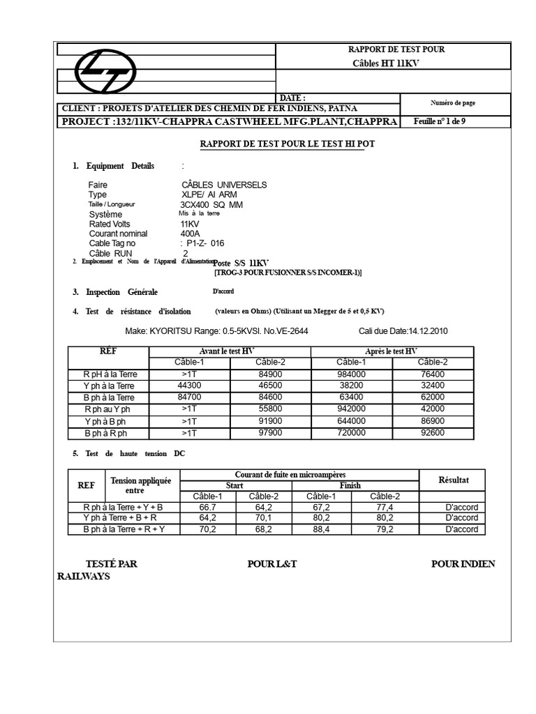 Rapport de Test Câbles HT 11kV | PDF | Grandeur physique | Conducteur ...