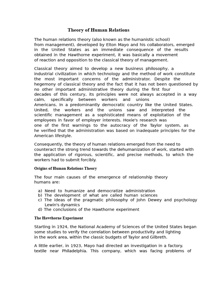 Human Relations Theory Overview | PDF | Motivational | Motivation