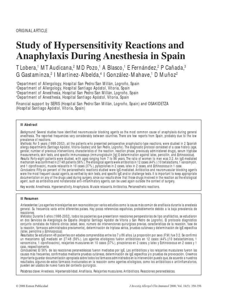 Study of Hypersensitivity Reactions and Anaphylaxis During Anesthesia ...
