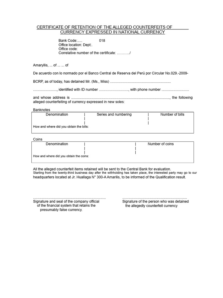 Certificate of Retention for Counterfeit Currency | PDF