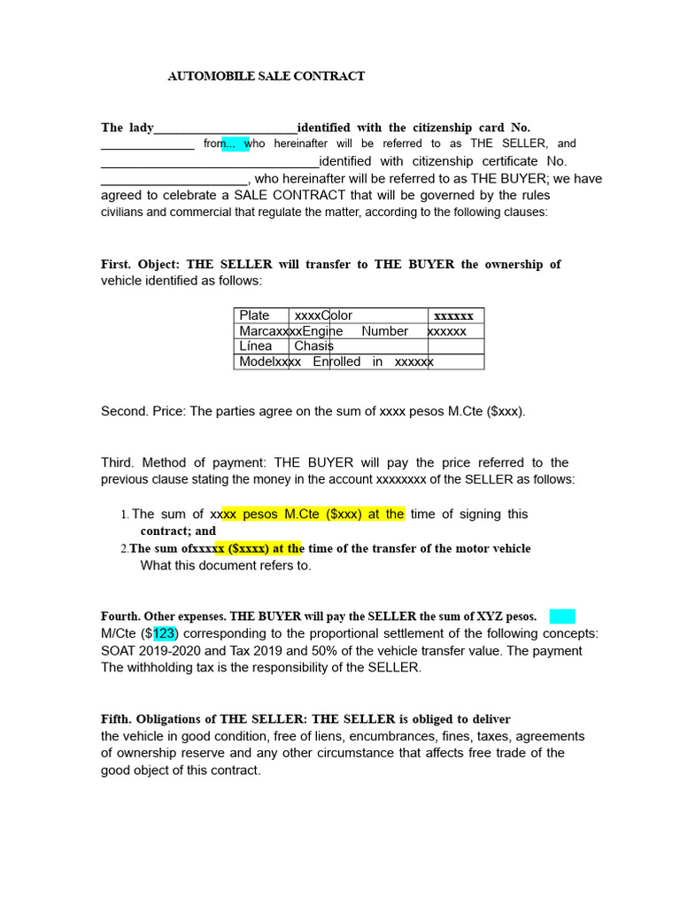 Automobile Sale Contract Template | PDF | Arbitration | Taxes