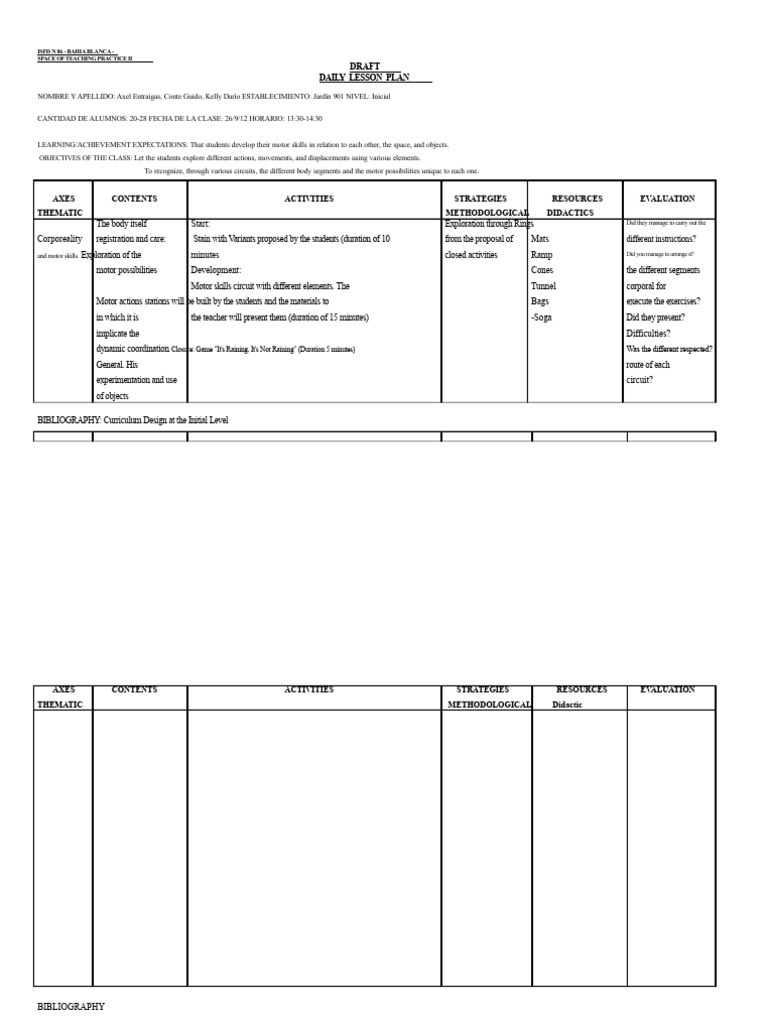 Daily Lesson Plan for Motor Skills | PDF | Lesson Plan | Cognition