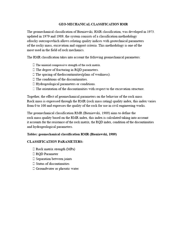 Geomechanical Classification RMR | PDF | Strength Of Materials | Solid ...