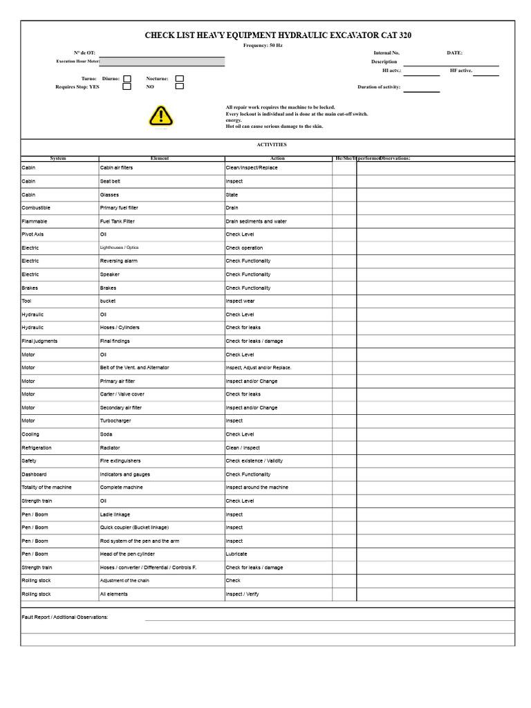 CAT 320 Excavator Maintenance Checklist | PDF | Engines | Machines