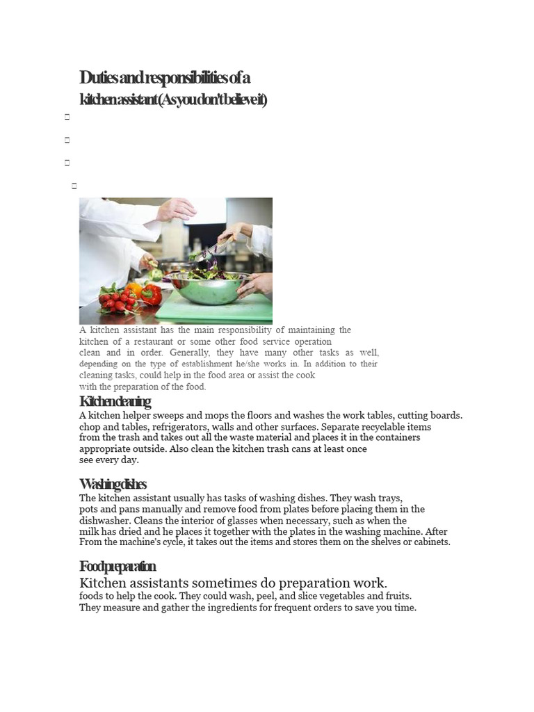 Kitchen Assistant Duties Explained | PDF