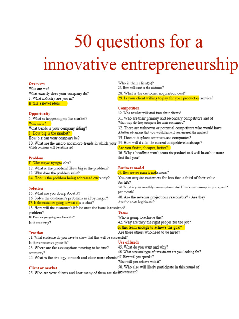 50 Essential Questions for Entrepreneurs | PDF | Entrepreneurship ...