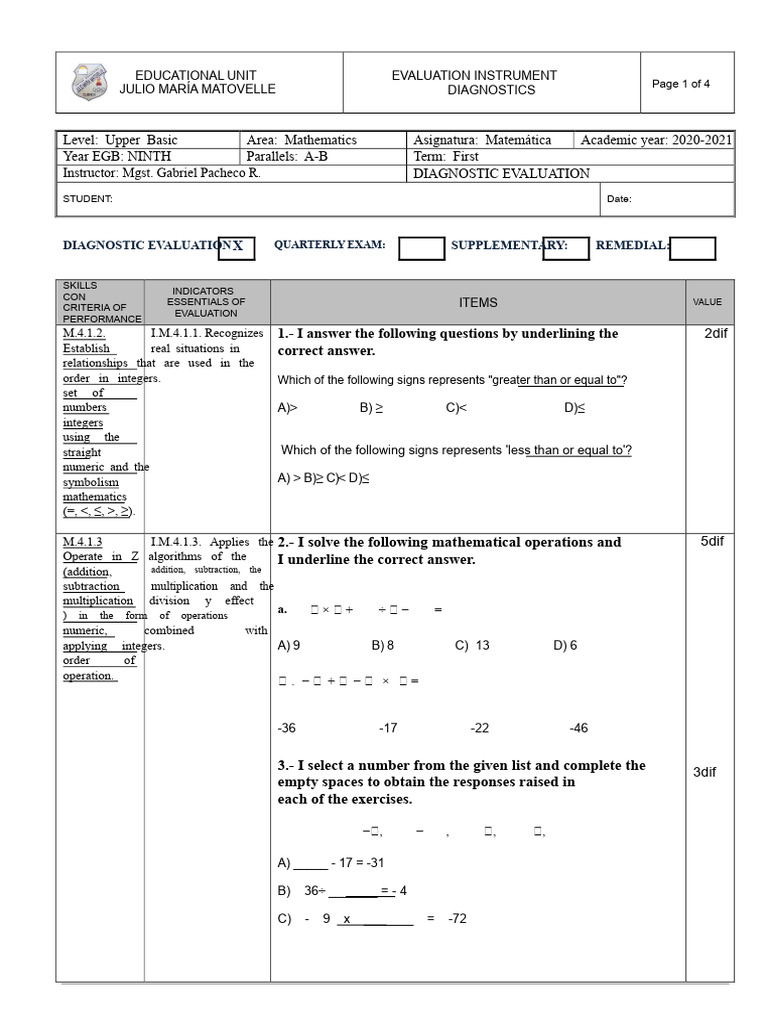 Ninth Grade Math Diagnostic Evaluation | PDF | Triangle | Mathematics