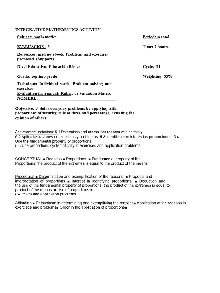 Integrative Math Activity: Proportions & Ratios | PDF | Quadratic Equation | Mathematics